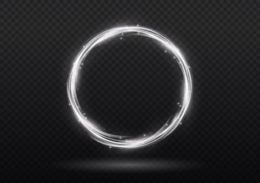 Beyaz alevlerden oluşan halka, alev alev yanan, gümüş çerçeveli, parlak neon kıvrımlı. Parlak halka afişi. Yuvarlak parlak çerçeve, ışık patlamaları ve parlak parıltılarla. Reklam için lüks ışıklar elementi. Vektör