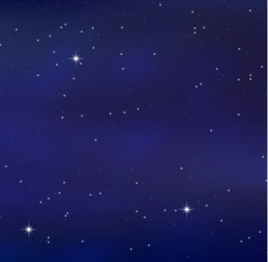 Gece parlayan yıldızlı gökyüzü. Yıldızlı, kozmoslu mavi uzay arkaplanı. Nebulası olan parlak uzay yıldızları. Gece gökyüzündeki yıldızlar arka plan olarak kullanır. Galaksi. Web afişi kavramı. Vektör illüstrasyonu