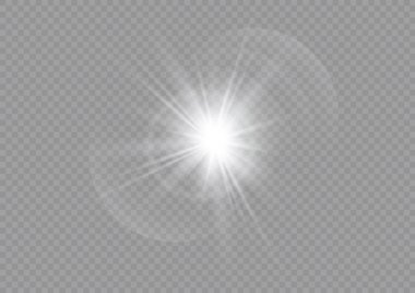 Parıldayan lensler, parlayan ışıklar. Soyut mercek patlaması ateşlemesi. Yanıp sönen ışıklar. Şeffaf arkaplanda parıldayan parlak beyaz yıldız. Parlak güneş ışınları, parlak güneş ışığı. Bokeh etkisi. Vektör
