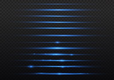 Parlamalar ve parıltılar. Parlayan ışık hattı. Şeffaf arkaplanda izole edilmiş parlak mavi çizgiler. Neon modern yatay çizgiler. Vektör mavi mercek fişekleri. Işıldayan ışıklar. Xmas flaşı.