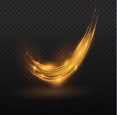 Sihirli yıldız tozu altın dalgası. Güzel, parlak, bulanık patika. Girdap izi etkisi. Yumuşak bir dalga. Şeffaf bir arkaplanda parıldayan altın dalgalı ışık çizgisi. Parlak sarı hız çizgileri. Vektör