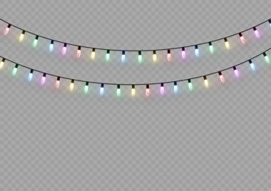 Xmas ve parıldayan ampullü yeni yıl çelenkleri. Noel tatili için parlayan ışıklar. Led neon lambası. Tellerin üzerinde parlak renkli ampuller. Dekoratif Xmas gerçekçi nesneleri. Vektör illüstrasyonu.