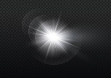 Parıldayan lensler, parlayan ışıklar. Soyut mercek patlaması ateşlemesi. Yanıp sönen ışıklar. Şeffaf arkaplanda parıldayan parlak beyaz yıldız. Parlak güneş ışınları, parlak güneş ışığı. Bokeh etkisi. Vektör