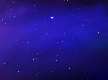 Gece parlayan yıldızlı gökyüzü. Yıldızlı, kozmoslu mavi uzay arkaplanı. Nebulası olan mor uzay yıldızları. Gece gökyüzündeki yıldızlar arka plan olarak kullanır. Galaksi. Web afişi kavramı. Vektör illüstrasyonu