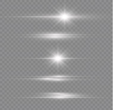 Parlamalar ve parıltılar. Parıldayan ışık hattı. Şeffaf arkaplanda izole edilmiş parlak beyaz çizgiler. Neon modern yatay çizgiler. Vektör beyaz mercek fişekleri. Işıldayan ışıklar. Xmas flaşı.