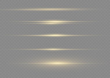 Laser beams, horizontal light rays. Abstract shine gold line. Glowing yellow lines. Flashes, glares. Transparent lens flare effect. Xmas sparkling lights. Christmas golden flash. Vector illustration.