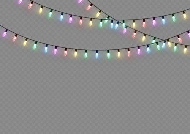 Xmas ve parıldayan ampullü yeni yıl çelenkleri. Noel tatili için parlayan ışıklar. Led neon lambası. Tellerin üzerinde parlak renkli ampuller. Dekoratif Xmas gerçekçi nesneleri. Vektör illüstrasyonu.