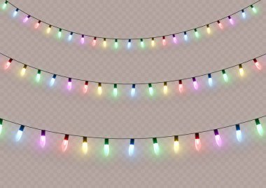 Xmas ve parıldayan ampullü yeni yıl çelenkleri. Noel tatili için parlayan ışıklar. Led neon lambası. Tellerin üzerinde parlak renkli ampuller. Dekoratif Xmas gerçekçi nesneleri. Vektör illüstrasyonu.