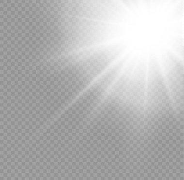 Parlayan güneş ışınları, parlayan mercekler. Hareket halindeki bulanıklık parlıyor. Güneş ışığı parlayan png etkisi. Şeffaf arkaplanda beyaz ışınlar. Parıltılı yıldız patlaması. Spot ışığı. Bokeh etkisi, vektör