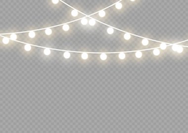 Xmas ve parıldayan ampullü yeni yıl çelenkleri. Noel tatili için parlayan ışıklar. Led neon lambası. Tellerde sarı ampuller parlıyor. Dekoratif Xmas altın gerçekçi nesneler. Vektör.