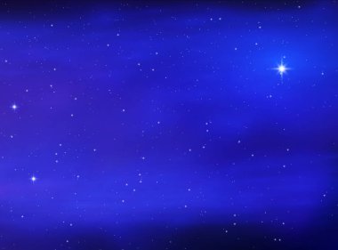 Gece parlayan yıldızlı gökyüzü. Yıldızlı, kozmoslu mavi uzay arkaplanı. Nebulası olan mor uzay yıldızları. Gece gökyüzündeki yıldızlar arka plan olarak kullanır. Galaksi. Web afişi kavramı. Vektör illüstrasyonu