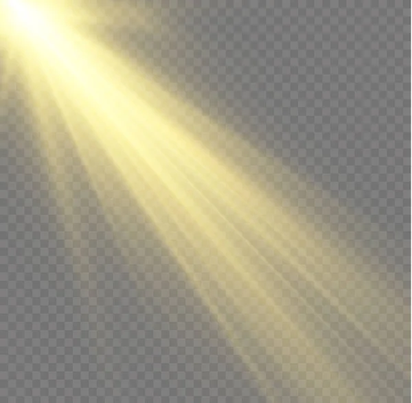 Λαμπερές Χρυσές Αναλαμπές Ηλιαχτίδες Αυγή Αστέρι Φωτοβολίδες Λάμψη Διαφανές Ηλιακό — Διανυσματικό Αρχείο