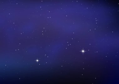 Gece parlayan yıldızlı gökyüzü. Yıldızlı, kozmoslu mavi uzay arkaplanı. Nebulası olan parlak uzay yıldızları. Gece gökyüzündeki yıldızlar arka plan olarak kullanır. Galaksi. Web afişi kavramı. Vektör illüstrasyonu