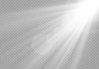 Parlayan güneş ışınları, parlayan mercekler. Hareket halindeki bulanıklık parlıyor. Güneş ışığı parlayan png etkisi. Şeffaf arkaplanda beyaz ışınlar. Parıltılı yıldız patlaması. Spot ışığı. Bokeh etkisi, vektör