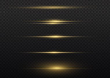 Laser beams, horizontal light rays. Abstract shine gold line. Glowing yellow lines. Flashes, glares. Transparent lens flare effect. Xmas sparkling lights. Christmas golden flash. Vector illustration.
