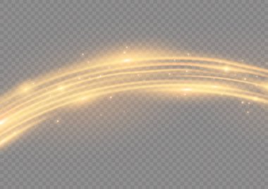 Sihirli yıldız tozu altın dalgası. Güzel, parlak, bulanık patika. Girdap izi etkisi. Yumuşak bir dalga. Şeffaf bir arkaplanda parıldayan altın dalgalı ışık çizgisi. Parlak sarı hız çizgileri. Vektör