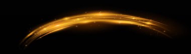 Magic stardust golden wave. Beautiful sparkle light blur trail. Swirl trail effect. Smooth wave. Glowing gold wavy line of light on a black background. Luminous yellow lines of speed. Vector clipart