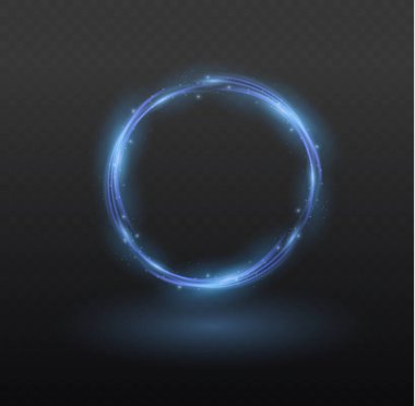 Mavi alev halkası, parlak neon kıvrımlar. Parlak mor daire pankartı. Yuvarlak parlak mor çerçeve, ışık patlamaları, parlak parıltı ve ateş çerçevesi. Reklam için lüks ışıklar elementi. Vektör
