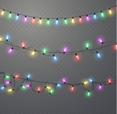 Xmas ve parıldayan ampullü yeni yıl çelenkleri. Noel tatili için parlayan ışıklar. Led neon lambası. Tellerin üzerinde parlak renkli ampuller. Dekoratif Xmas gerçekçi nesneleri. Vektör illüstrasyonu.