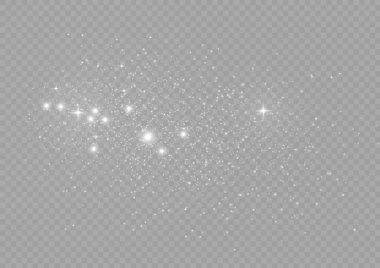 Şeffaf arkaplanda izole edilmiş pek çok sim parçacığı ile parlayan ışık efekti. Beyaz tozlu yıldız bulutu. Parlayan yıldızlar, ışıklar ve parıltılar. Noel tozu kıvılcımları. Vektör illüstrasyonu.