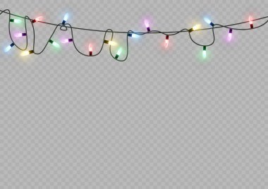 Xmas ve parıldayan ampullü yeni yıl çelenkleri. Noel tatili için parlayan ışıklar. Led neon lambası. Tellerin üzerinde parlak renkli ampuller. Dekoratif Xmas gerçekçi nesneleri. Vektör illüstrasyonu.