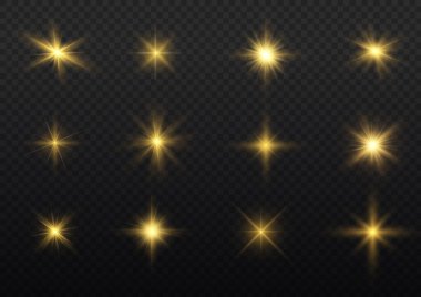Parıltılı yıldız patlaması. Güneş ışınları, parlak ışık. Sarı parlayan ışık patlar. Şeffaf parlak parlak parıltı. Göz kamaştırıcı. Xmas altın ışıkları. Güneş ışığı merceği parlama etkisi. Parlak altın kıvılcımları. Vektör