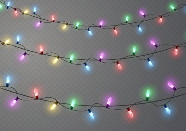 Xmas ve parıldayan ampullü yeni yıl çelenkleri. Noel tatili için parlayan ışıklar. Led neon lambası. Tellerin üzerinde parlak renkli ampuller. Dekoratif Xmas gerçekçi nesneleri. Vektör illüstrasyonu.