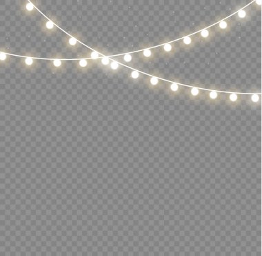 Xmas ve parıldayan ampullü yeni yıl çelenkleri. Noel tatili için parlayan ışıklar. Led neon lambası. Tellerde sarı ampuller parlıyor. Dekoratif Xmas altın gerçekçi nesneler. Vektör.