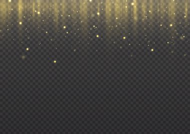 Uçan altın tozlar dikey çizgilerin parlayan konfeti noktaları. Parıltı, parıltı tasarımı. İzlerle kıvılcımlar saçar. Tatil ışığı dikey sarı çizgi, karnaval çelengi, altın yağmuru. Vektör
