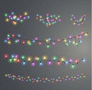 Xmas ve parıldayan ampullü yeni yıl çelenkleri. Noel tatili için parlayan ışıklar. Led neon lambası. Tellerin üzerinde parlak renkli ampuller. Dekoratif Xmas gerçekçi nesneleri. Vektör illüstrasyonu.