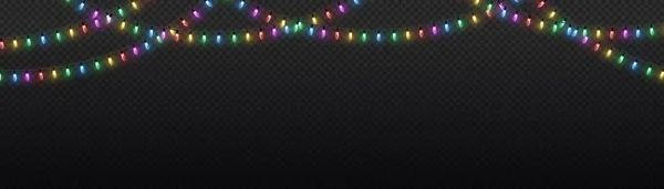 圣诞和新年的花环上挂着闪亮的灯泡 圣诞节假期灯火通明 领导的霓虹灯 在钢丝绳上发光彩色灯泡 装饰圣诞节的现实对象 矢量说明 — 图库矢量图片