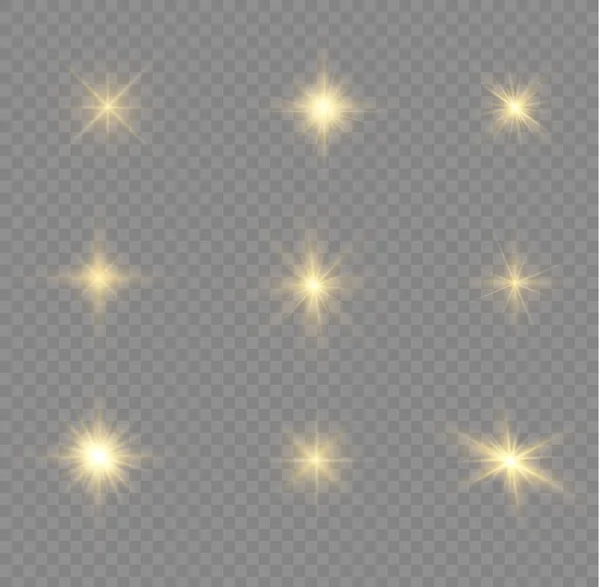 Star Burst Sparkles Sun Rays Bright Flash Yellow Glowing Light — Vettoriale Stock