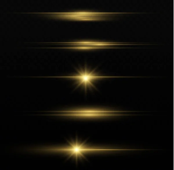 Laserstrahlen Horizontale Lichtstrahlen Abstrakter Glanz Goldlinie Leuchtend Gelbe Linien Blitze — Stockvektor