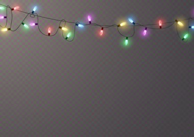 Xmas ve parıldayan ampullü yeni yıl çelenkleri. Noel tatili için parlayan ışıklar. Led neon lambası. Tellerin üzerinde parlak renkli ampuller. Dekoratif Xmas gerçekçi nesneleri. Vektör illüstrasyonu.