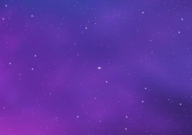 Gece parlayan yıldızlı gökyüzü. Yıldızlı, kozmoslu mavi uzay arkaplanı. Nebulası olan mor uzay yıldızları. Gece gökyüzündeki yıldızlar arka plan olarak kullanır. Galaksi. Web afişi kavramı. Vektör illüstrasyonu