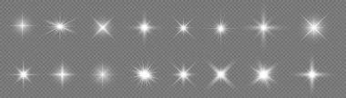 Parıltılı yıldız patlaması. Parlak güneş ışınları, parlak ışık. Beyaz parlayan ışık patlar. Şeffaf parlak parlak parıltı. Parlak doku. Xmas ışıkları. Güneş ışığı merceği parlama etkisi. Kıvılcımlar. Vektör
