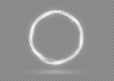 Beyaz alevlerden oluşan halka, alev alev yanan, gümüş çerçeveli, parlak neon kıvrımlı. Parlak halka afişi. Yuvarlak parlak çerçeve, ışık patlamaları ve parlak parıltılarla. Reklam için lüks ışıklar elementi. Vektör