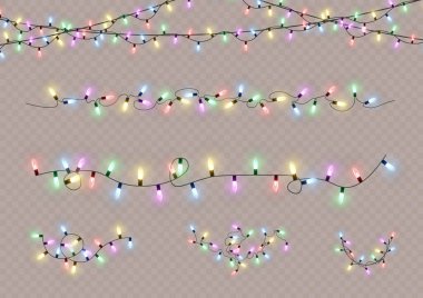 Xmas ve parıldayan ampullü yeni yıl çelenkleri. Noel tatili için parlayan ışıklar. Led neon lambası. Tellerin üzerinde parlak renkli ampuller. Dekoratif Xmas gerçekçi nesneleri. Vektör illüstrasyonu.