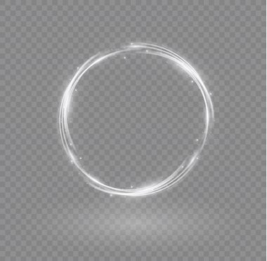 Beyaz alevlerden oluşan halka, alev alev yanan, gümüş çerçeveli, parlak neon kıvrımlı. Parlak halka afişi. Yuvarlak parlak çerçeve, ışık patlamaları ve parlak parıltılarla. Reklam için lüks ışıklar elementi. Vektör