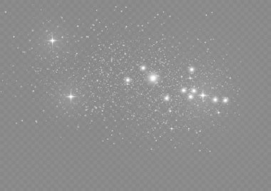 Şeffaf arkaplanda izole edilmiş pek çok sim parçacığı ile parlayan ışık efekti. Beyaz tozlu yıldız bulutu. Parlayan yıldızlar, ışıklar ve parıltılar. Noel tozu kıvılcımları. Vektör illüstrasyonu.