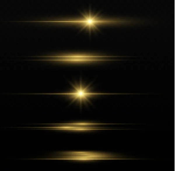 Laserstralen Horizontale Lichtstralen Abstract Glans Gouden Lijn Gloeiende Gele Lijnen — Stockvector