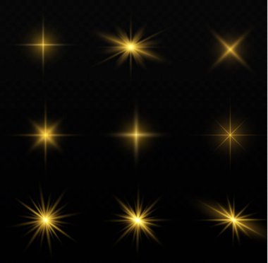 Parıltılı yıldız patlaması. Güneş ışınları, parlak ışık. Sarı parlayan ışık patlar. Şeffaf parlak parlak parıltı. Göz kamaştırıcı. Xmas altın ışıkları. Güneş ışığı merceği parlama etkisi. Parlak altın kıvılcımları. Vektör