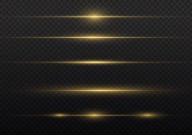 Laser beams, horizontal light rays. Abstract shine gold line. Glowing yellow lines. Flashes, glares. Transparent lens flare effect. Xmas sparkling lights. Christmas golden flash. Vector illustration.
