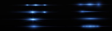 Lazer ışınları, yatay ışık ışınları. Soyut parlak mavi çizgi. Parlak çizgiler. Parlamalar ve parıltılar. Şeffaf mercek patlaması etkisi. Xmas parlak ışıklar. Noel flaşı. Vektör illüstrasyonu.