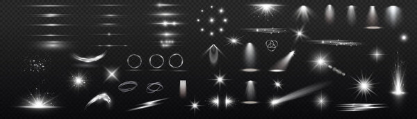 Light effect set. Glow isolated white transparent light effect set, lens flare, explosion, glitter, dust, line, sun flash, spark and stars, spotlight, curve twirl. Sunlight, abstract special effect.
