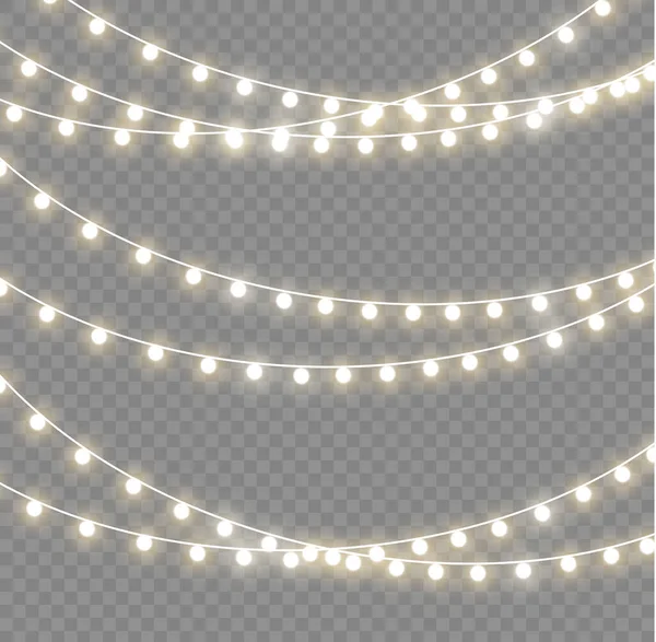 Xmas ve parıldayan ampullü yeni yıl çelenkleri. Noel tatili için parlayan ışıklar. Led neon lambası. Tellerde sarı ampuller parlıyor. Dekoratif Xmas altın gerçekçi nesneler. Vektör.