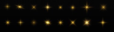 Parıltılı yıldız patlaması. Güneş ışınları, parlak ışık. Sarı parlayan ışık patlar. Şeffaf parlak parlak parıltı. Göz kamaştırıcı. Xmas altın ışıkları. Güneş ışığı merceği parlama etkisi. Parlak altın kıvılcımları. Vektör