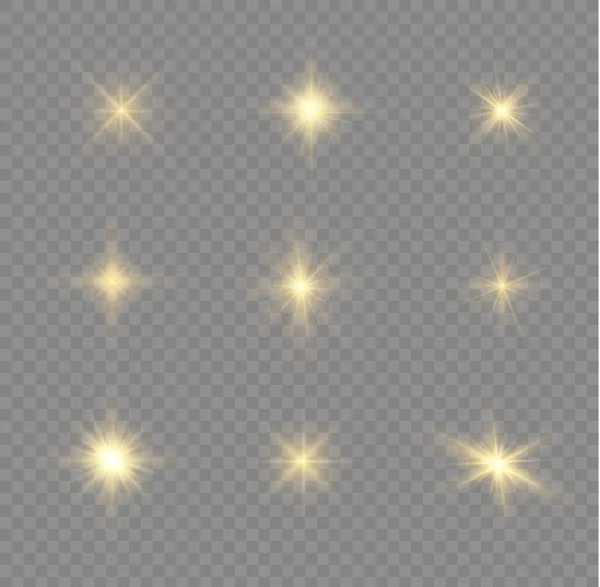Star Burst Sparkles Sun Rays Bright Flash Yellow Glowing Light — Vettoriale Stock