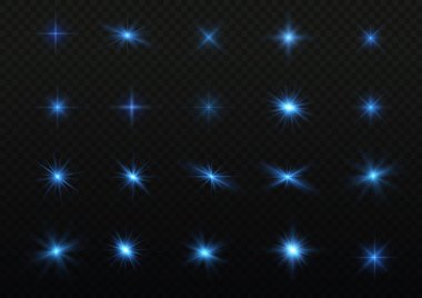 Star burst with sparkles. Shining sun rays, bright flash. Blue glowing light explodes. Transparent shine gradient glitter. Glare texture. Xmas lights. Sunlight lens flare effect. Glow sparks. Vector