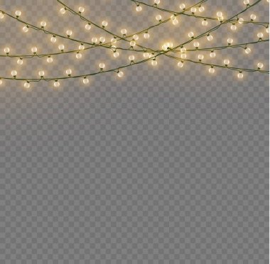 Xmas ve parıldayan ampullü yeni yıl çelenkleri. Noel tatili için parlayan ışıklar. Led neon lambası. Tellerde sarı ampuller parlıyor. Dekoratif Xmas altın gerçekçi nesneler. Vektör.